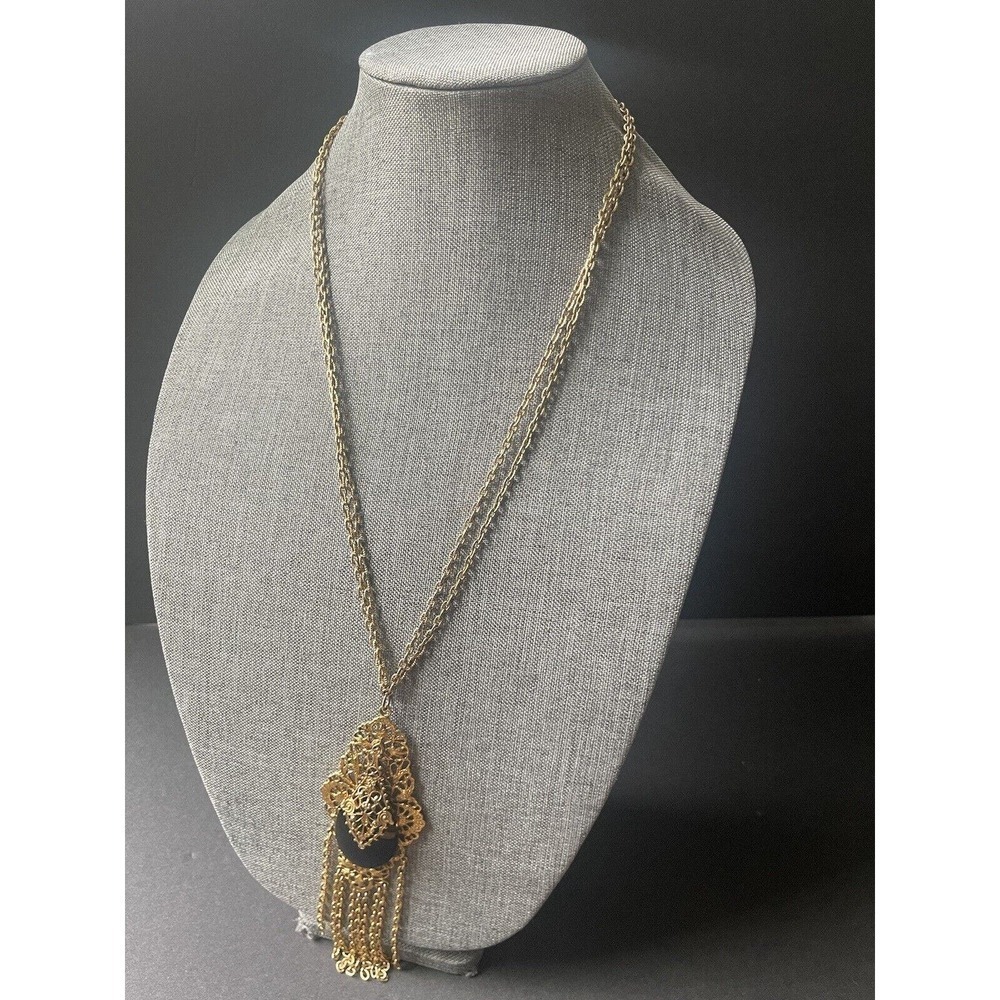 Vintage BOHO CHIC 1970s Gold Tone Etruscan Style Tassel Pendant Necklace 28”